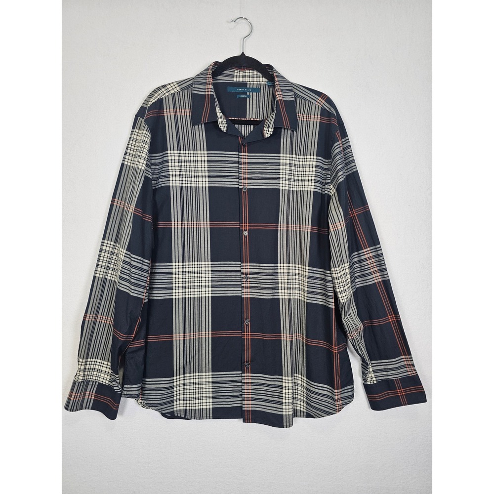 Classic Preppy Perry Ellis Plaid Button Down Mens XXL Navy Blue Orange Stretch